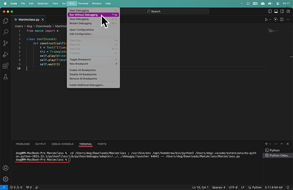 How to run Manim file inside terminal VS Code